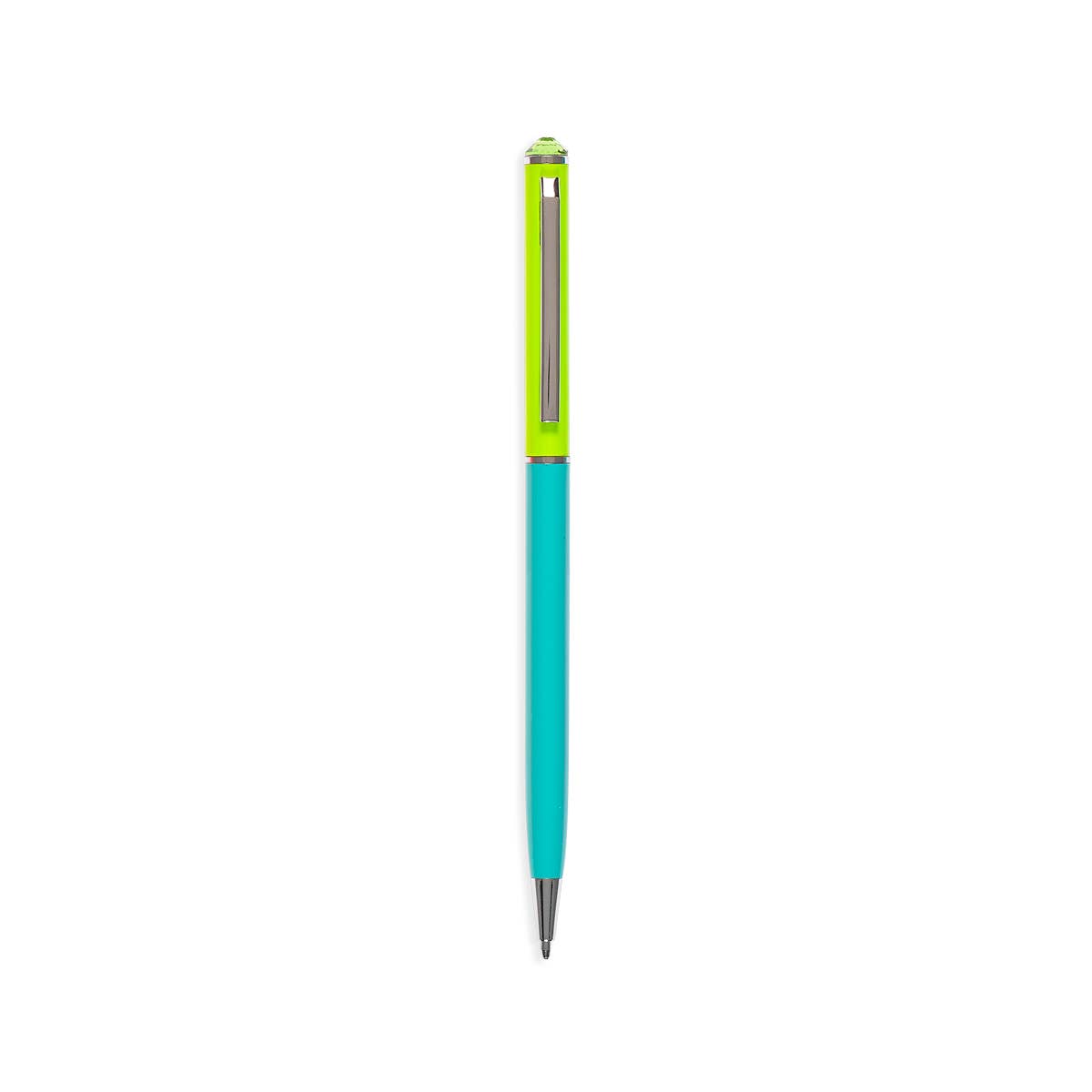 Tub containing thirty stainless steel metal ballpoint pens with neon barrels and gem tops.