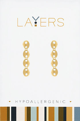Gold Mariner Link Dangle Layers Earrings on a white hypoallergenic display card.