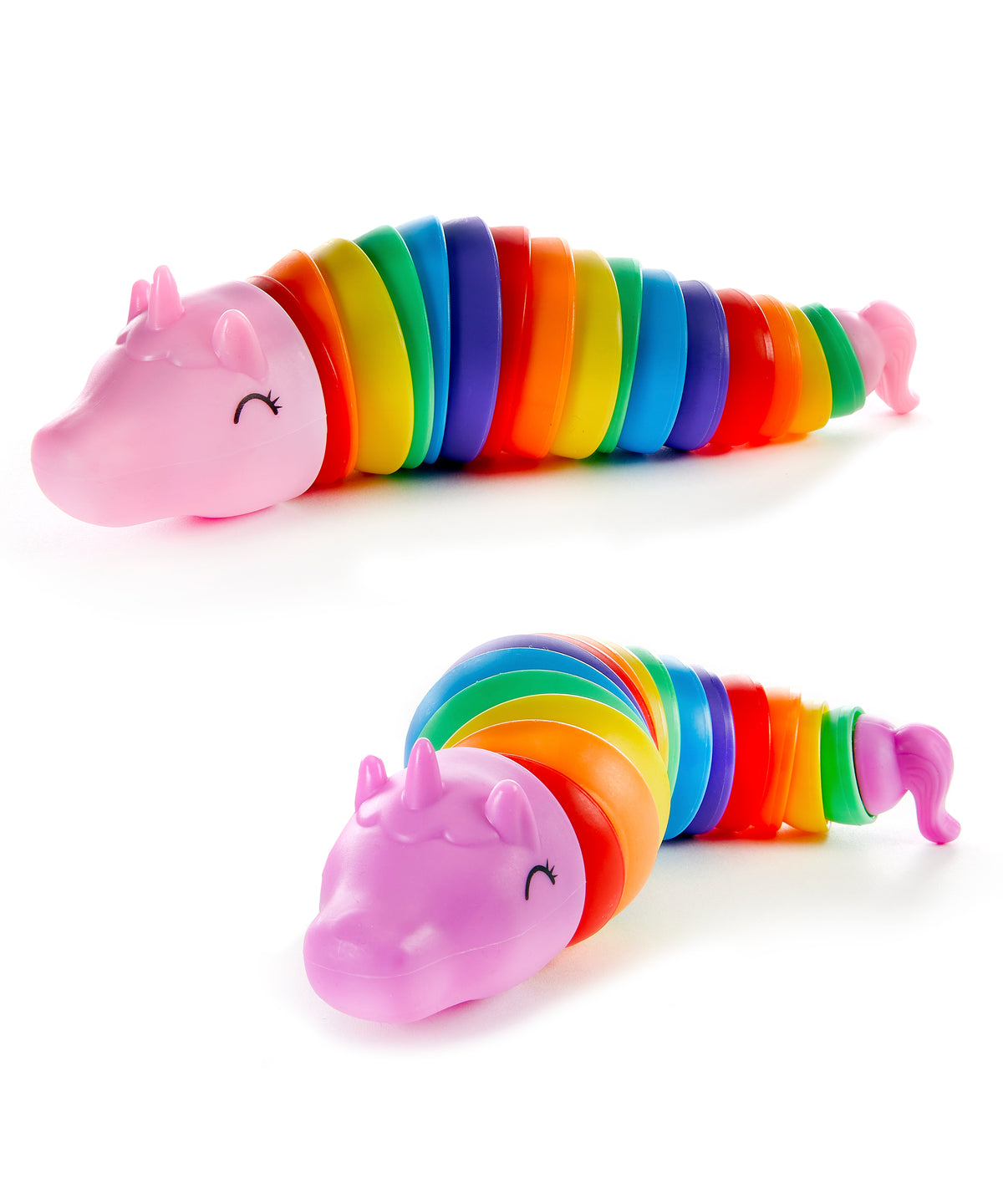 Jiggle Wiggle Rainbow Unicorns plush toy with rainbow patterned fabric.