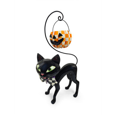 Resin cat figurine holding a pumpkin bucket with natural wood grain finish.