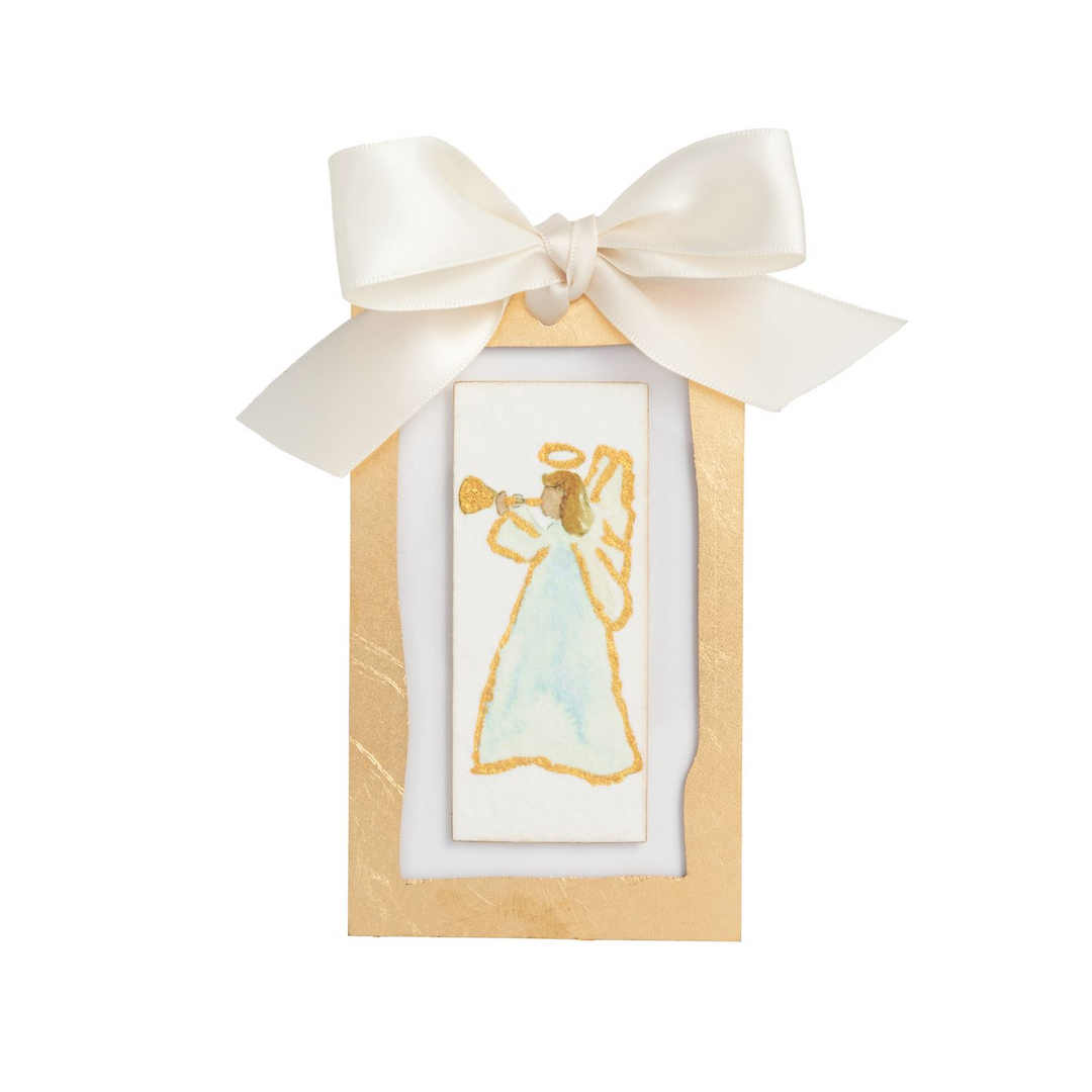 Gold painted acrylic ornament with a hand-painted angel on pulp paper and a white satin bow.