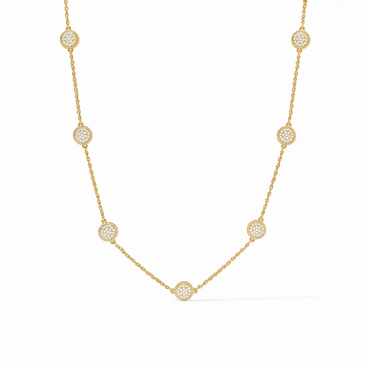 Windsor delicate station necklace in 24K gold plate with seven pavé cubic zirconia round charms.