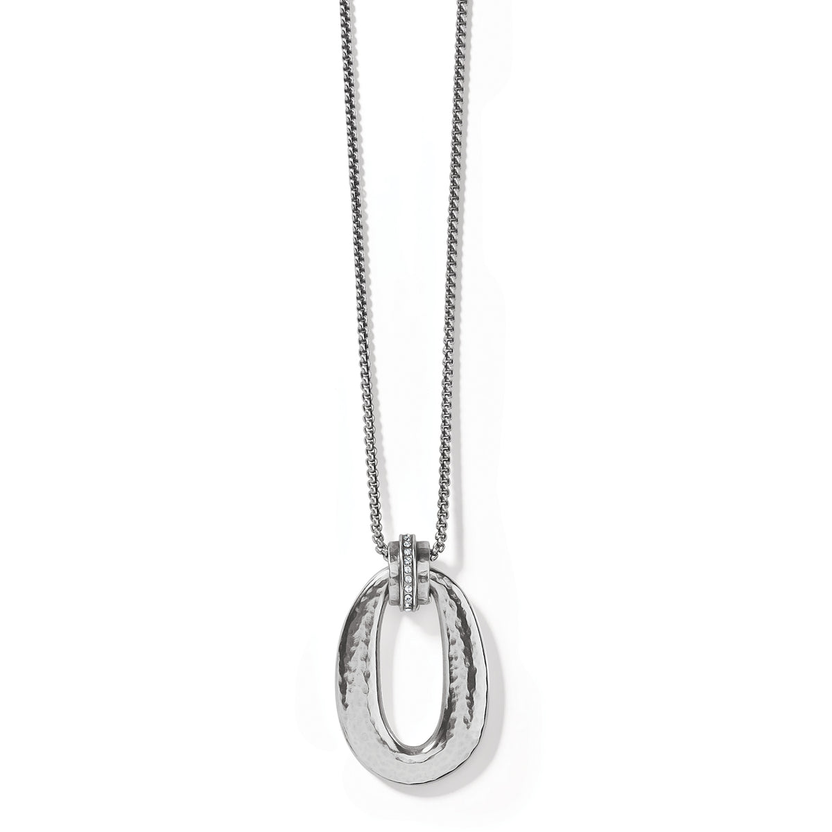 Silver-plated Meridian Lumens necklace featuring a hammered oval pendant with crystal accents.