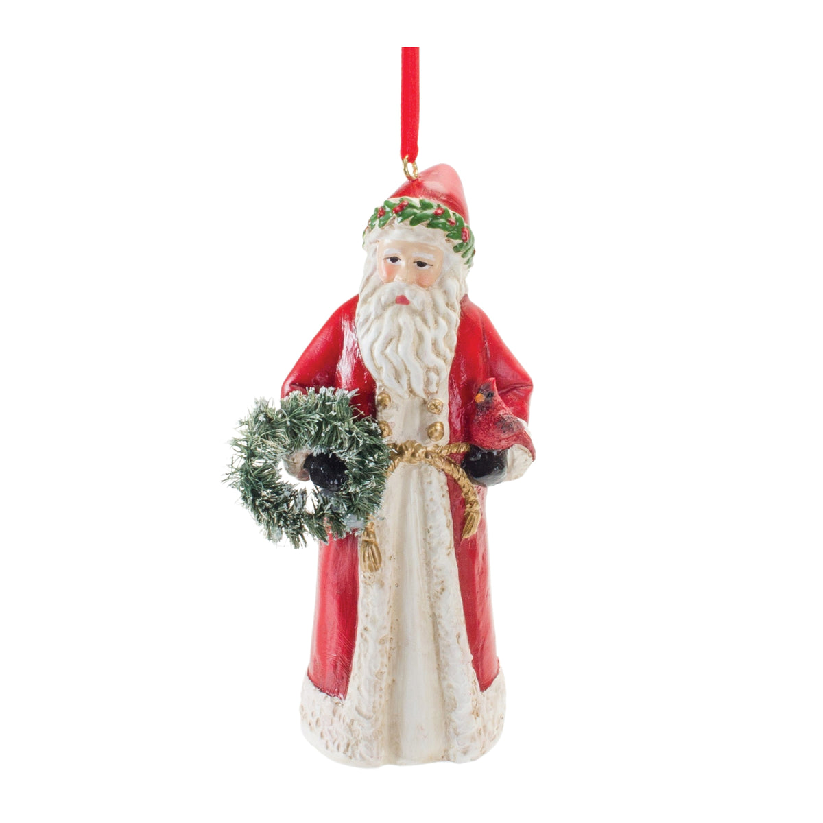 4.5-inch Santa ornament with cardinal bird perched on shoulder in red and gold finish