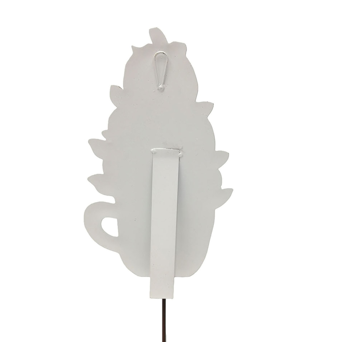 Back view of a white metal Cupa Pumpkins garden stake showing the hanging loop and support stand.
