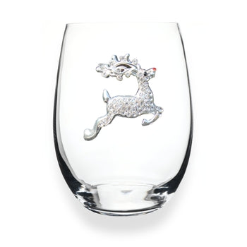 Clear stemless wine glass with jeweled embellishments around the rim