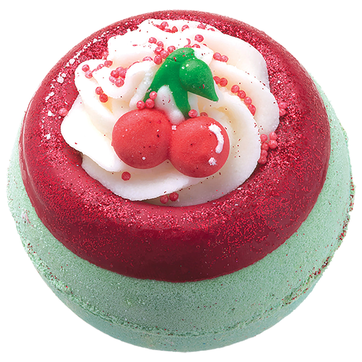 Cherry On Top Bath Blaster bath bomb in cherry red with white swirl pattern