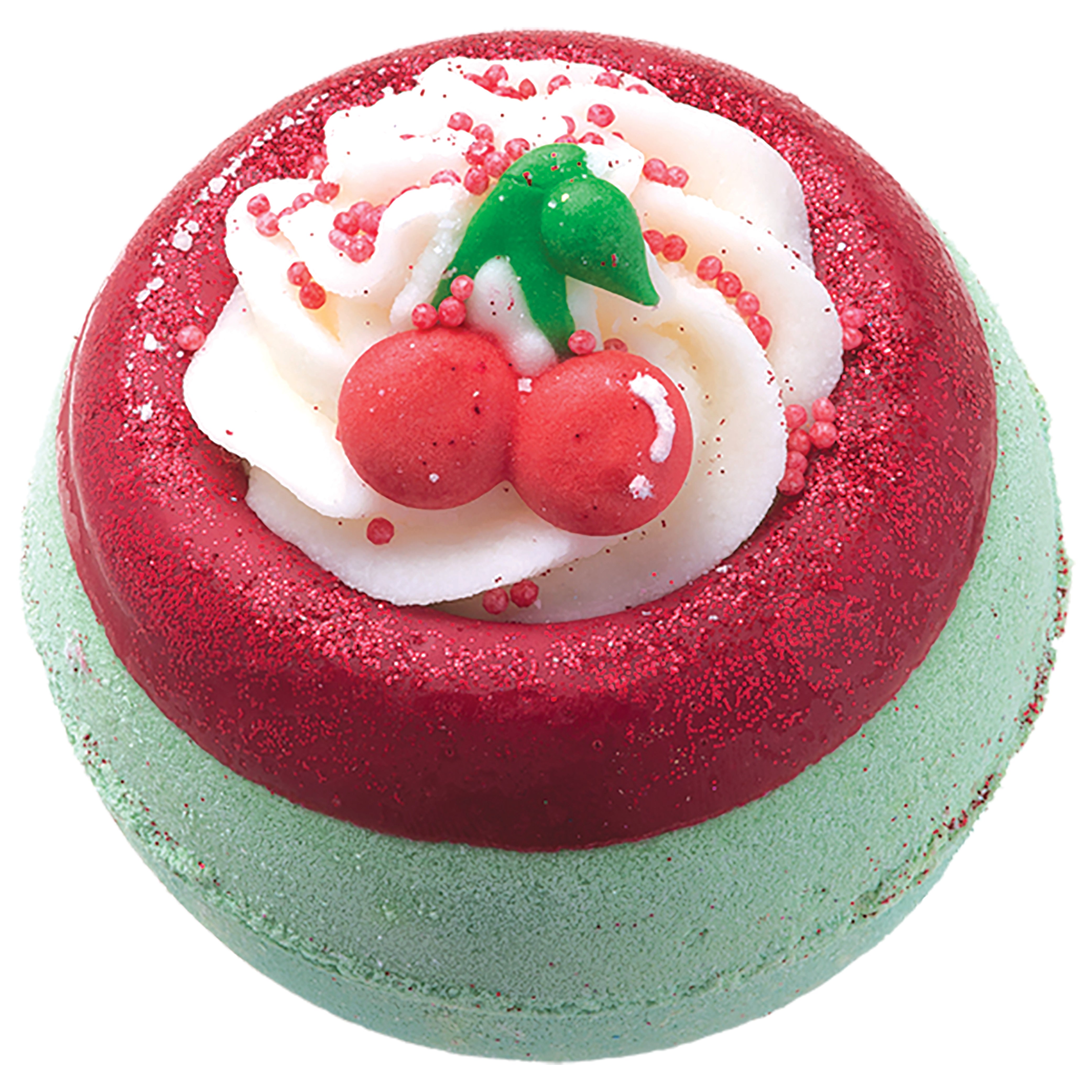 Cherry On Top Bath Blaster bath bomb in cherry red with white swirl pattern