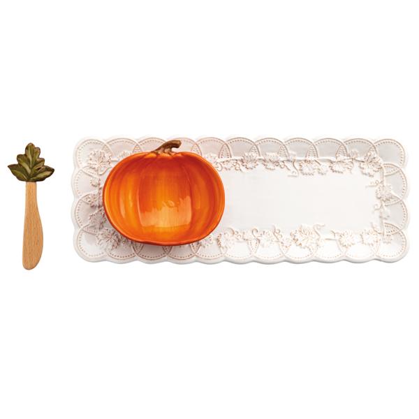 Three-piece pumpkin tray and dip set with stoneware tray, pumpkin bowl, and leaf-handle spreader.