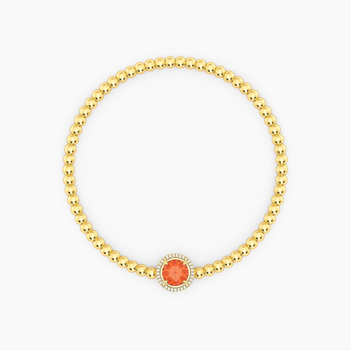 Gold-plated beaded bracelet with an orange round-cut center stone and a diamond halo.