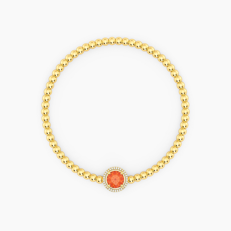 Gold-plated beaded bracelet with an orange round-cut center stone and a diamond halo.