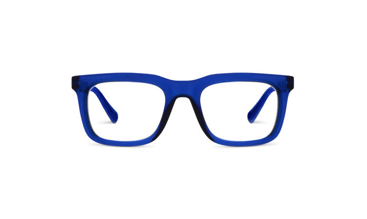 Lasso progressive glasses with a thick, translucent blue square frame and clear lenses.