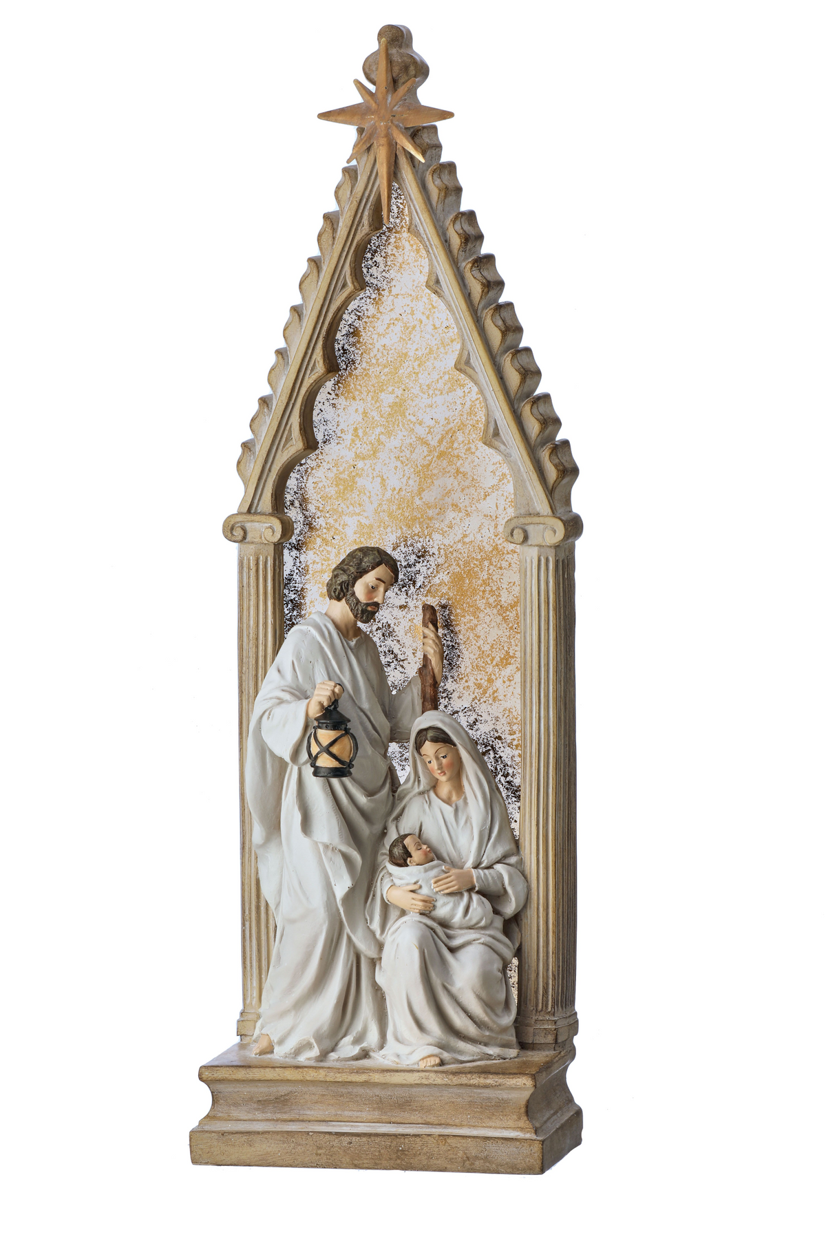 27-inch resin Holy Family nativity scene with Mary, Joseph, and Baby Jesus in a mirrored archway.