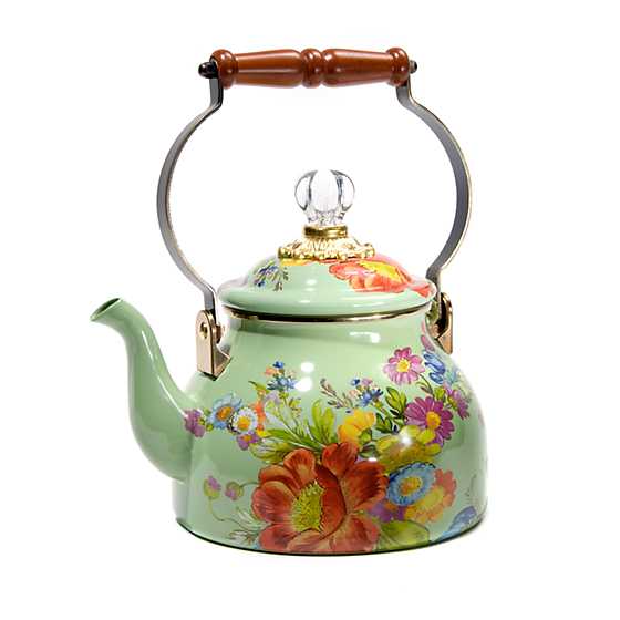 White Flower Market tea kettle with hand-applied floral decals on steel body, wood handle, and glass lid finial.
