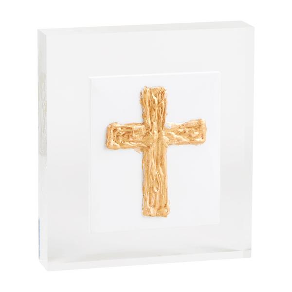 Hand-painted acrylic cross plaque with vibrant colors on a small square background.