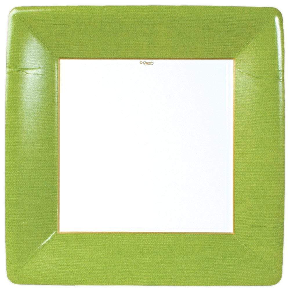 Pack of eight square dinner plates made from durable paper with water-based dyes.