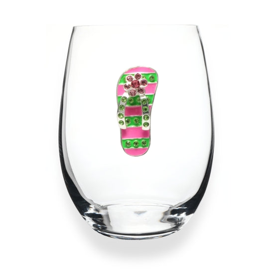 Handcrafted stemless wine glass with jeweled embellishments around the rim in clear crystal.