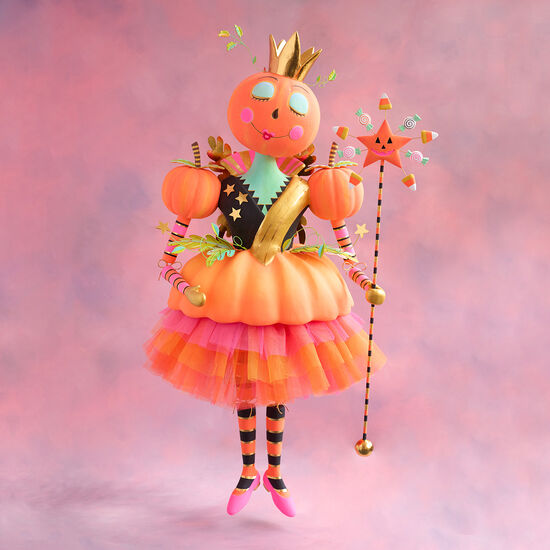 Fairy Gourdmother resin display figure with pumpkin head, crown, and candy-themed wand.