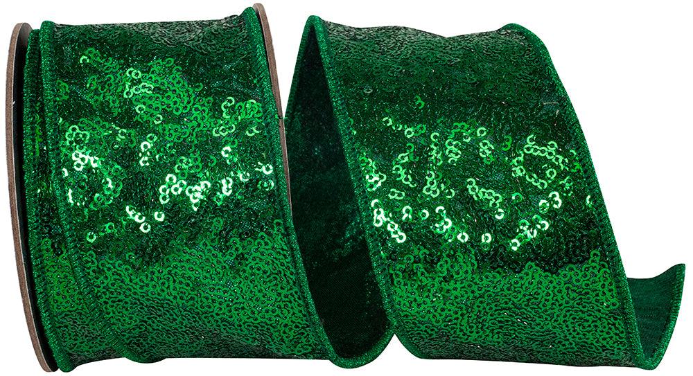 Two-and-a-half-inch wide metallic sequin ribbon with wired edges on a medium finish.