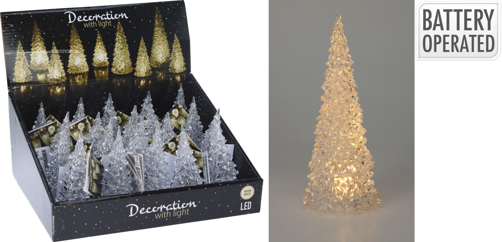 Clear acrylic Christmas tree decoration with warm white LED light, battery operated.