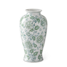 12.25 inch white ceramic vase with a green floral and vine pattern.
