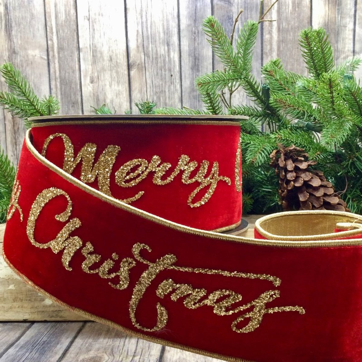 4-inch wide red velvet ribbon with gold glitter Christmas pattern
