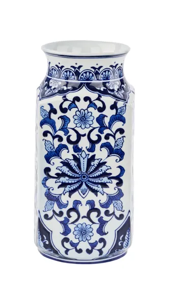 Tall white porcelain vase with a cylindrical shape.