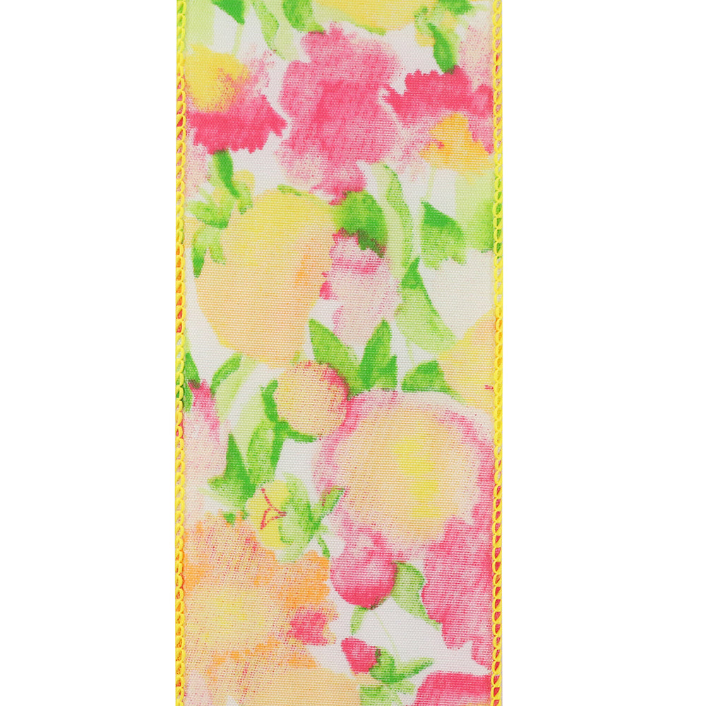 Yellow floral impressionist wired edge ribbon with a bright finish
