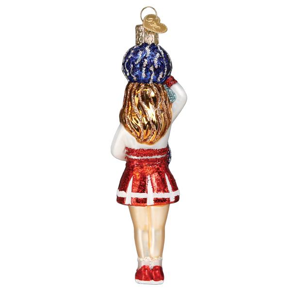 Back view of a glass cheerleader ornament with blonde hair, a red and white skirt, and blue pom-poms.