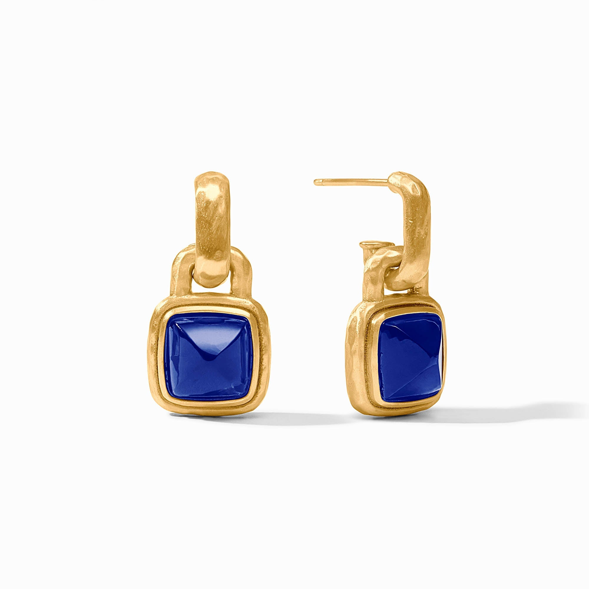 Sahara Hoop & Charm Earrings in 24K gold plate with square blue glass charms.
