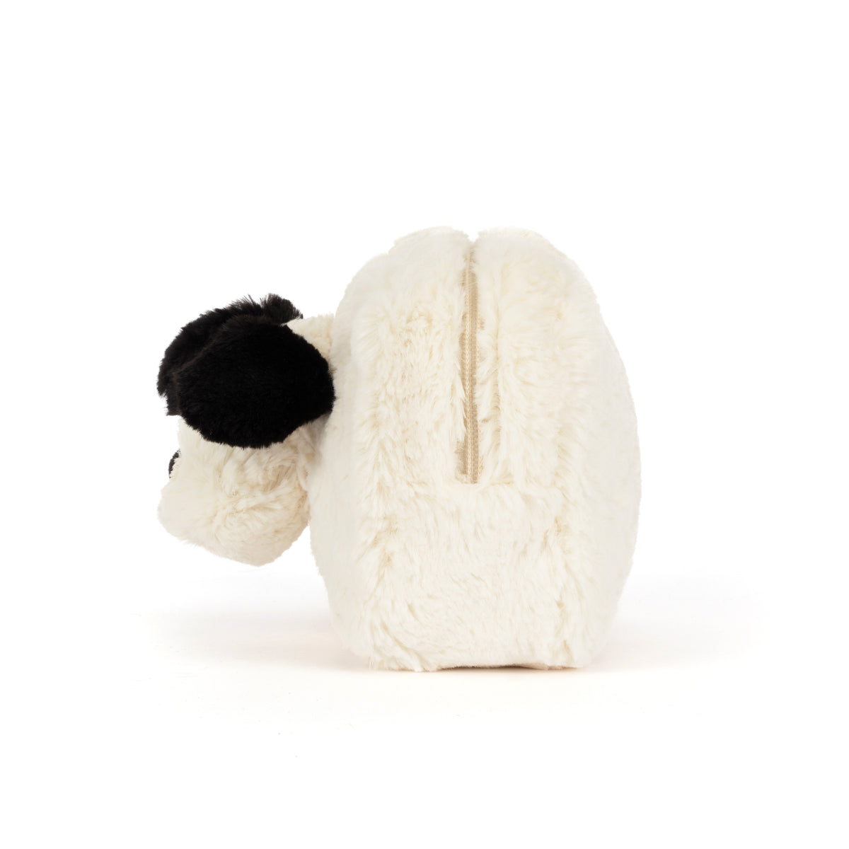 Back view of a white and black plush puppy pouch with a cream-colored zipper.