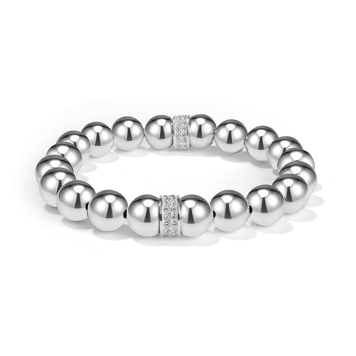 Silver plated Meridian Stretch Bracelet with bold beads and two crystal-encrusted stations.