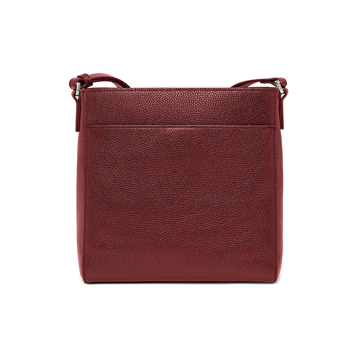 Garnet leather Clayton organizer bag with adjustable strap, zip top closure, exterior pockets, and keyholder.