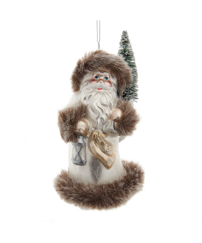 Glass Frost Santa ornament with brown faux fur trim, holding a lantern and a small pine tree.