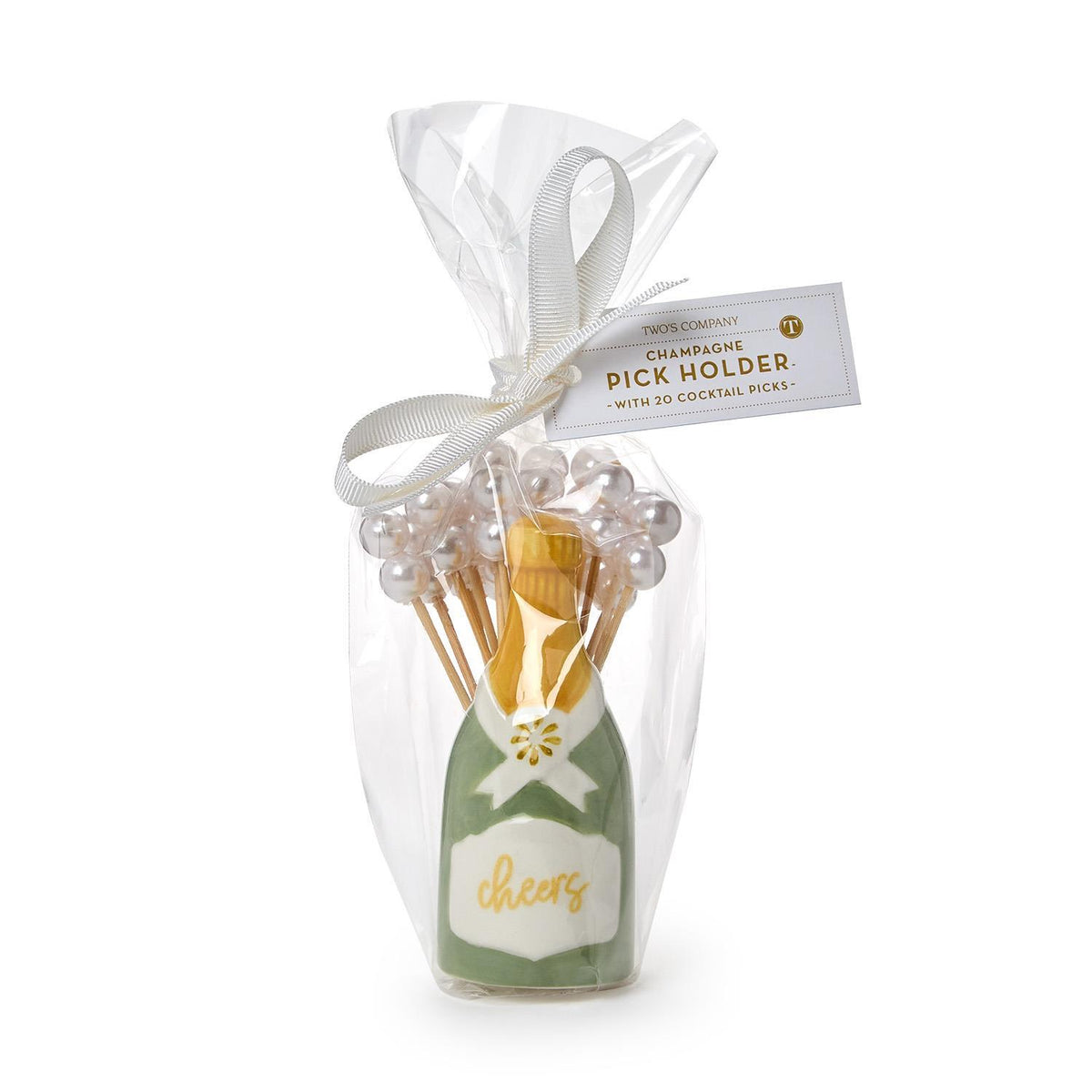 Champagne bottle ceramic pick holder with 20 pearl-topped cocktail picks in clear gift packaging.