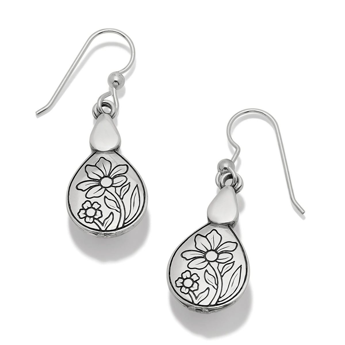 Everbloom Flora silver-plated French wire earrings with teardrop-shaped floral engraved charms.