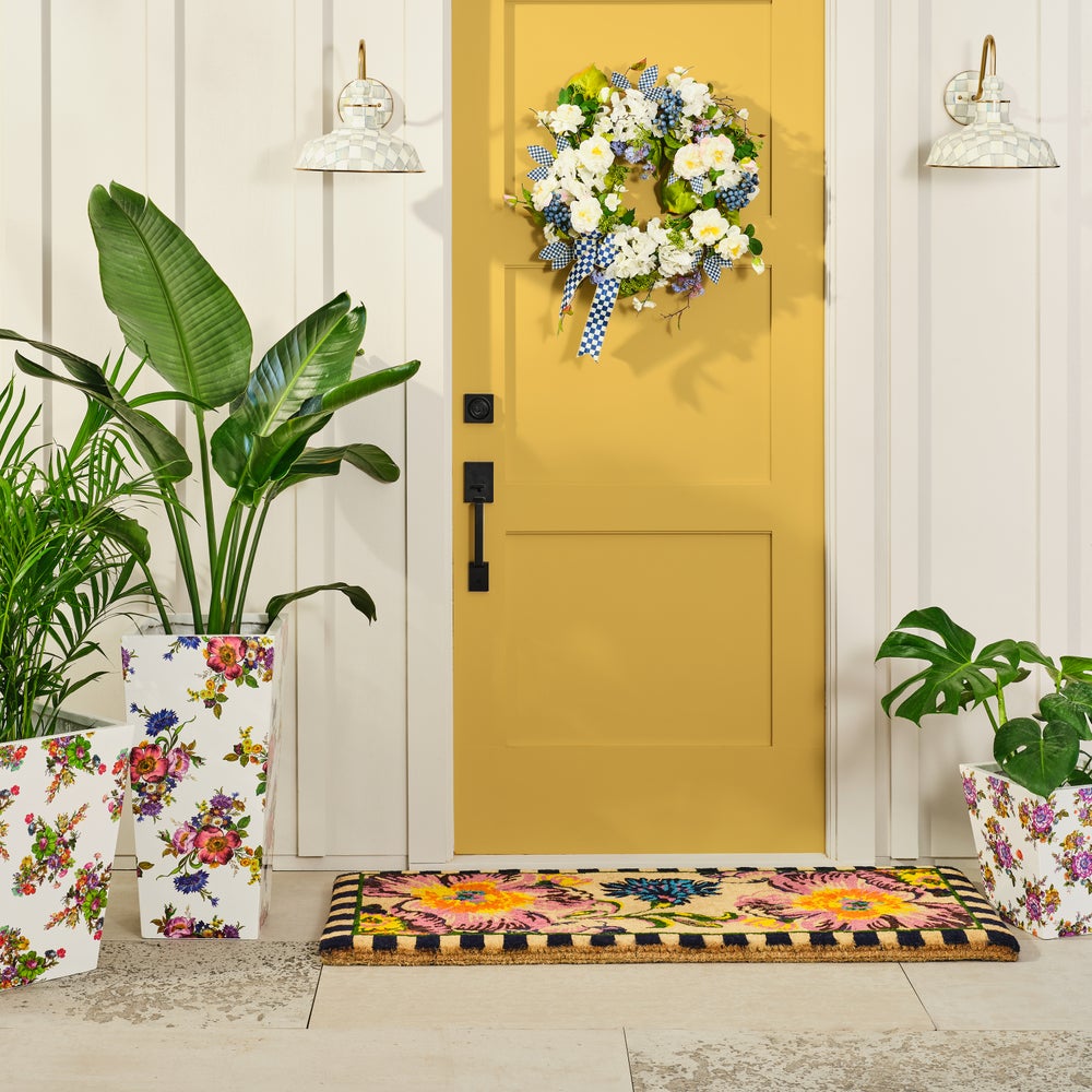 Flower Market Double Door Entrance Mat with pink and blue floral design and checkered border.