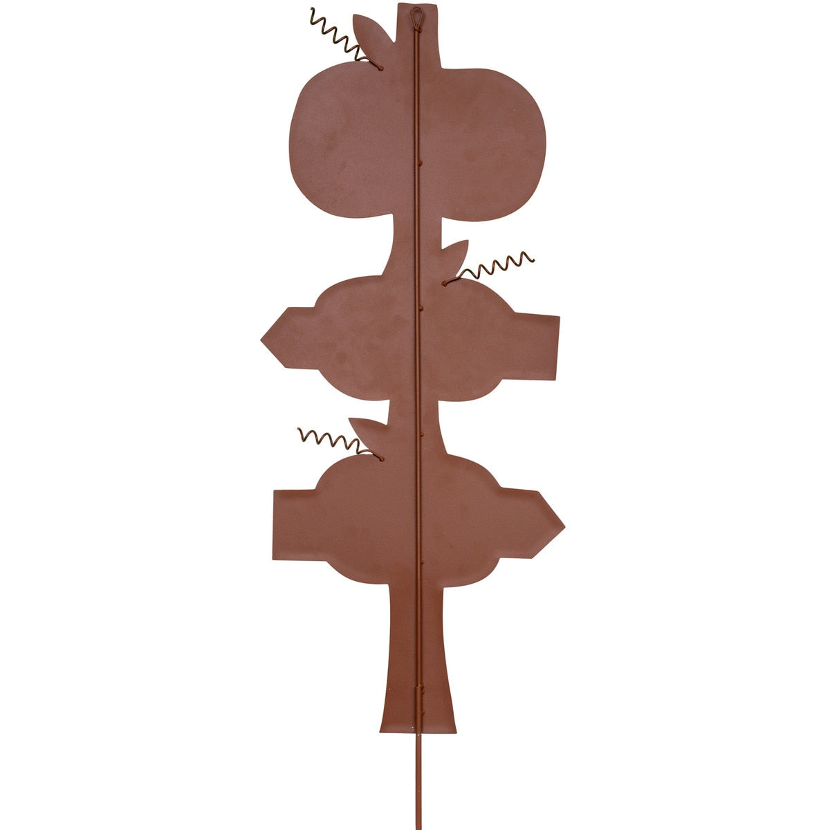 Back view of a brown metal pumpkin directional garden stake with three pumpkin-shaped signs.