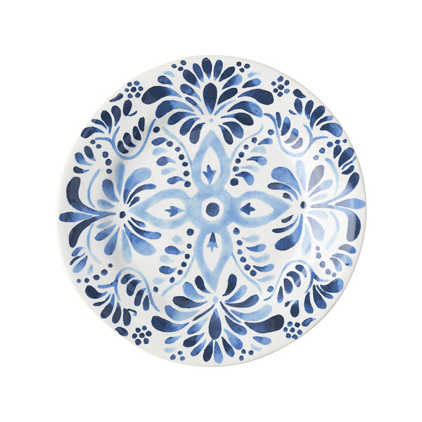 Iberian Dessert/Salad Plate in Indigo featuring a blue hand-painted floral and tile-inspired design.