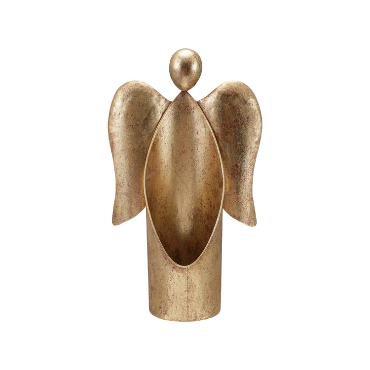Antique gold finish metal angel container with a hollow body and wings, made of solid iron.