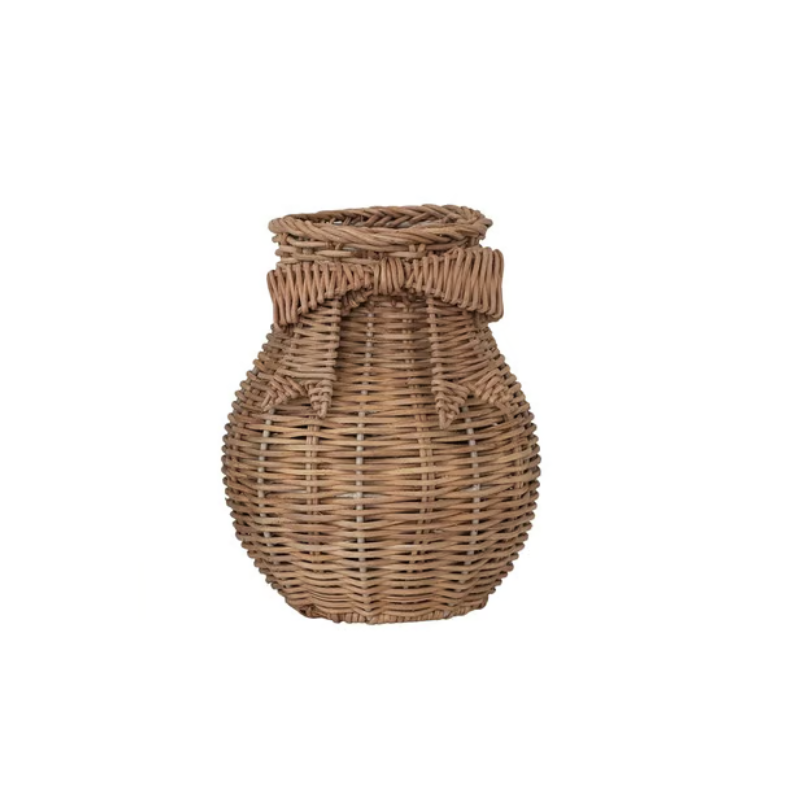 Hand-woven rattan vase with a bulbous shape and a decorative woven bow around the neck.