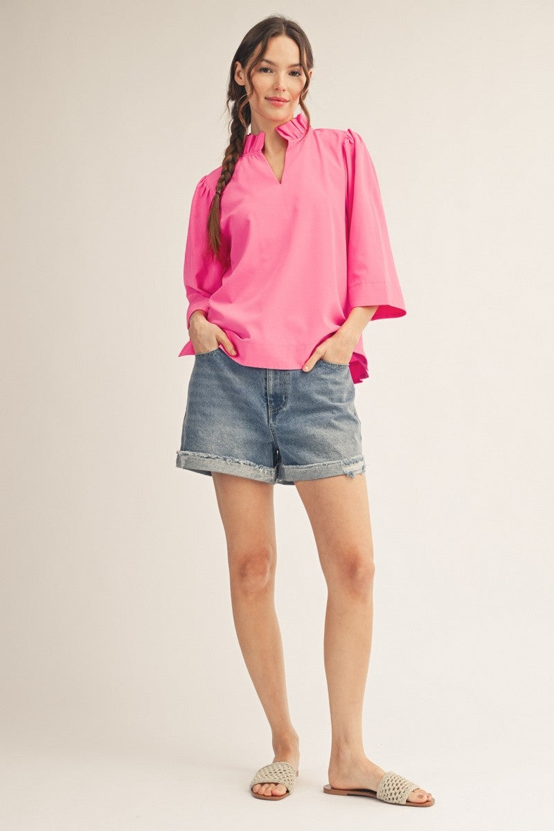 Jane Ruffled Neck Crinkle Solid Top