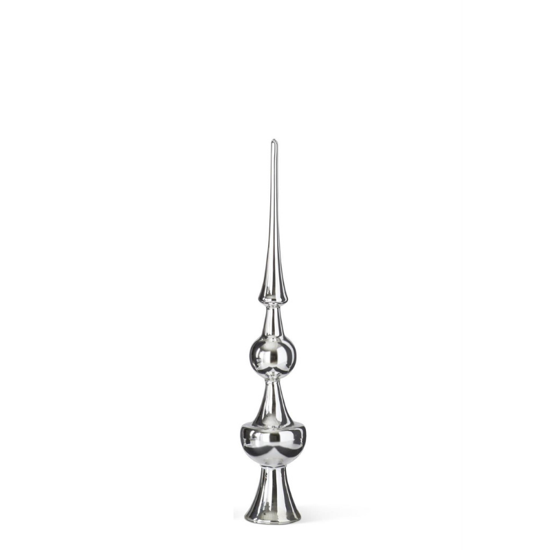 Tall silver glass finial tree topper with a reflective finish and tiered design.