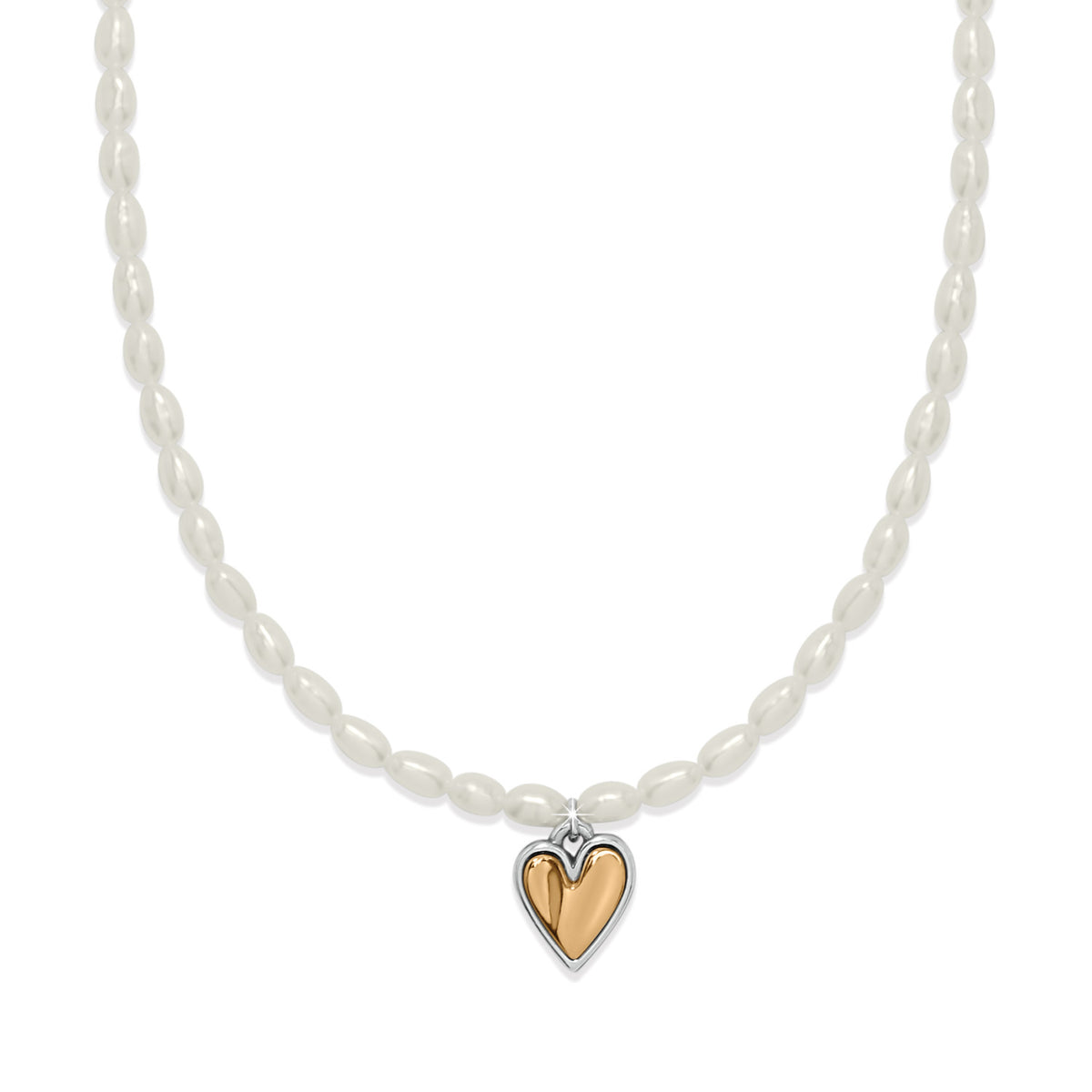 Cascade Embrace Pearl Heart Necklace with two-tone gold and silver heart pendant on white pearls.