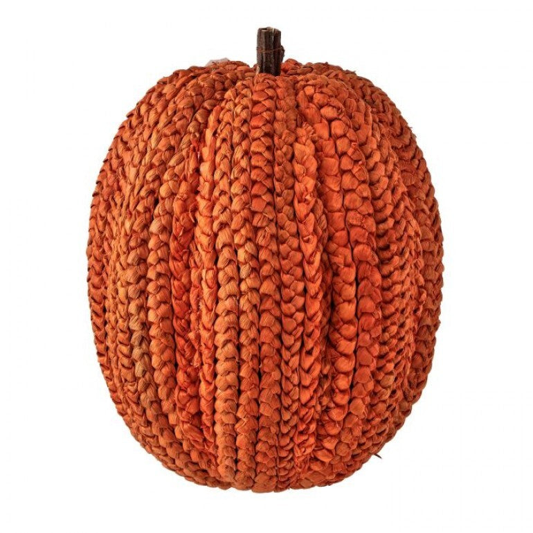 Artificial pumpkin with basket weave texture in vibrant hues, twig stem, and flat base.