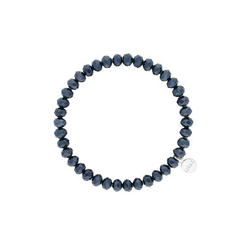 Stretchy beaded bracelet with faceted glass beads in a colorful pattern.