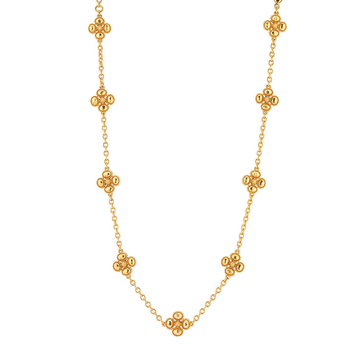 Gold Berry Clover Double Sided Necklace with station-set textured clover motifs on a 16-inch chain.
