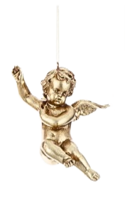 Gold cherub ornament with wings, hanging from a thin string.
