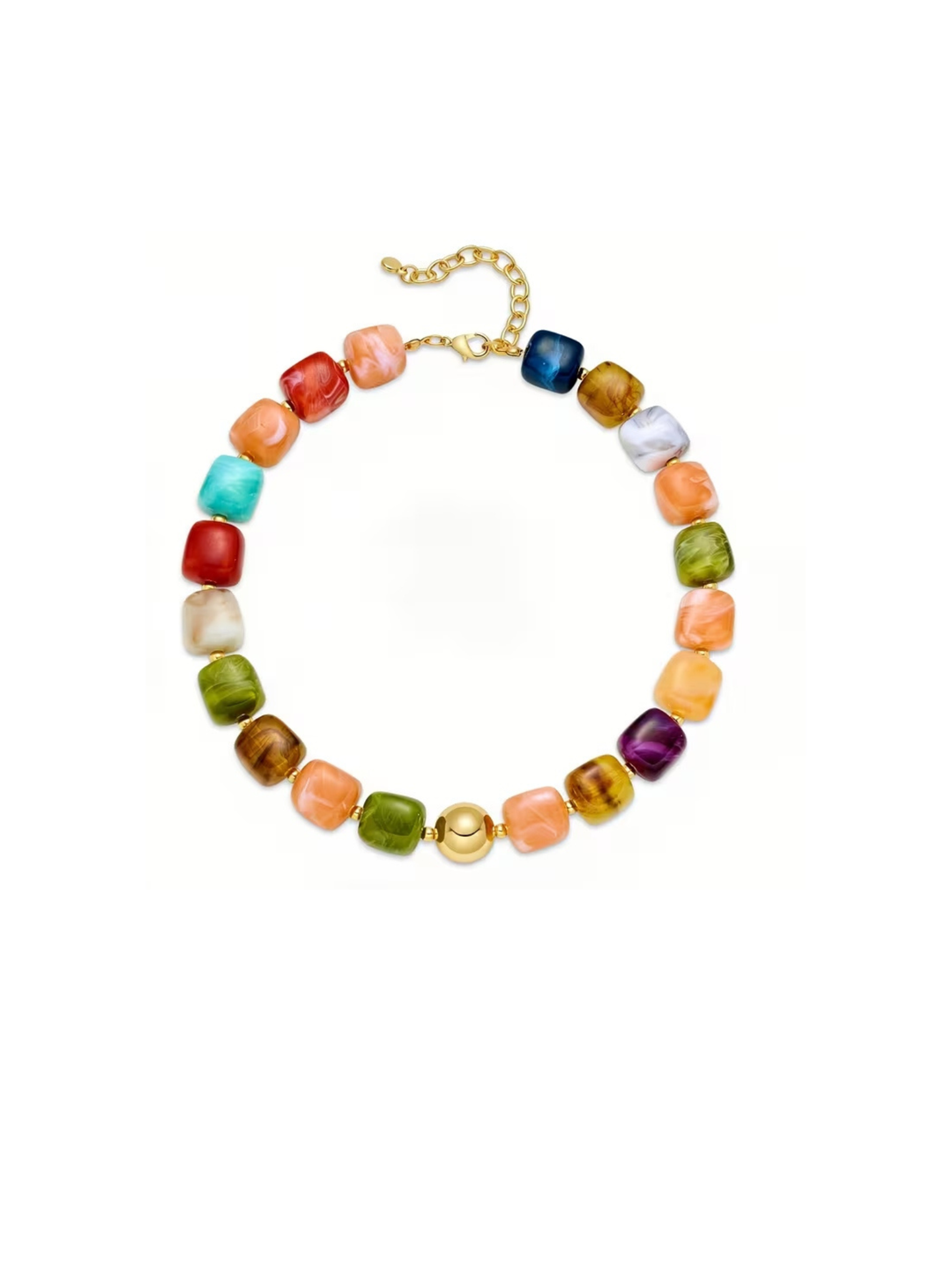 Multi-color beaded necklace with chunky, polished square beads and a gold spherical center bead.