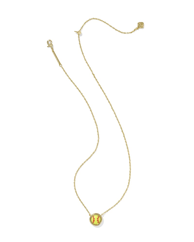 Gold short pendant necklace with a chartreuse magnesite softball charm and adjustable chain.